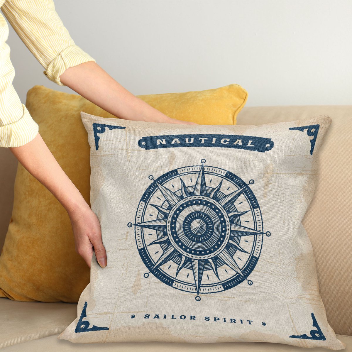 ABAKUHAUS Compass Sierkussenhoes, Compass Illustratie met Lettering Nautisch Oceaan Adventure Thema Print, Decoratieve Vierkante Sierkussenhoes, 45 x 45 cm, Indigo Blauw