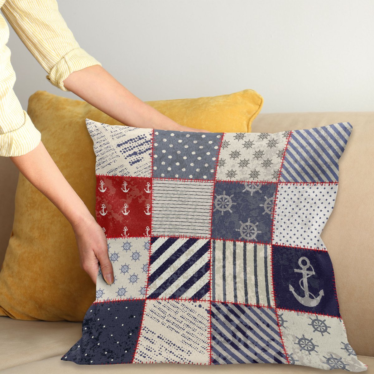 ABAKUHAUS Nautisch Sierkussenhoes, Maritime en Nautisch Leven Ontwerp met Vintage Sailor Knot Anker Motieven, Decoratieve Vierkante Sierkussenhoes, 40 x 40 cm, Vermiljoen Blauw