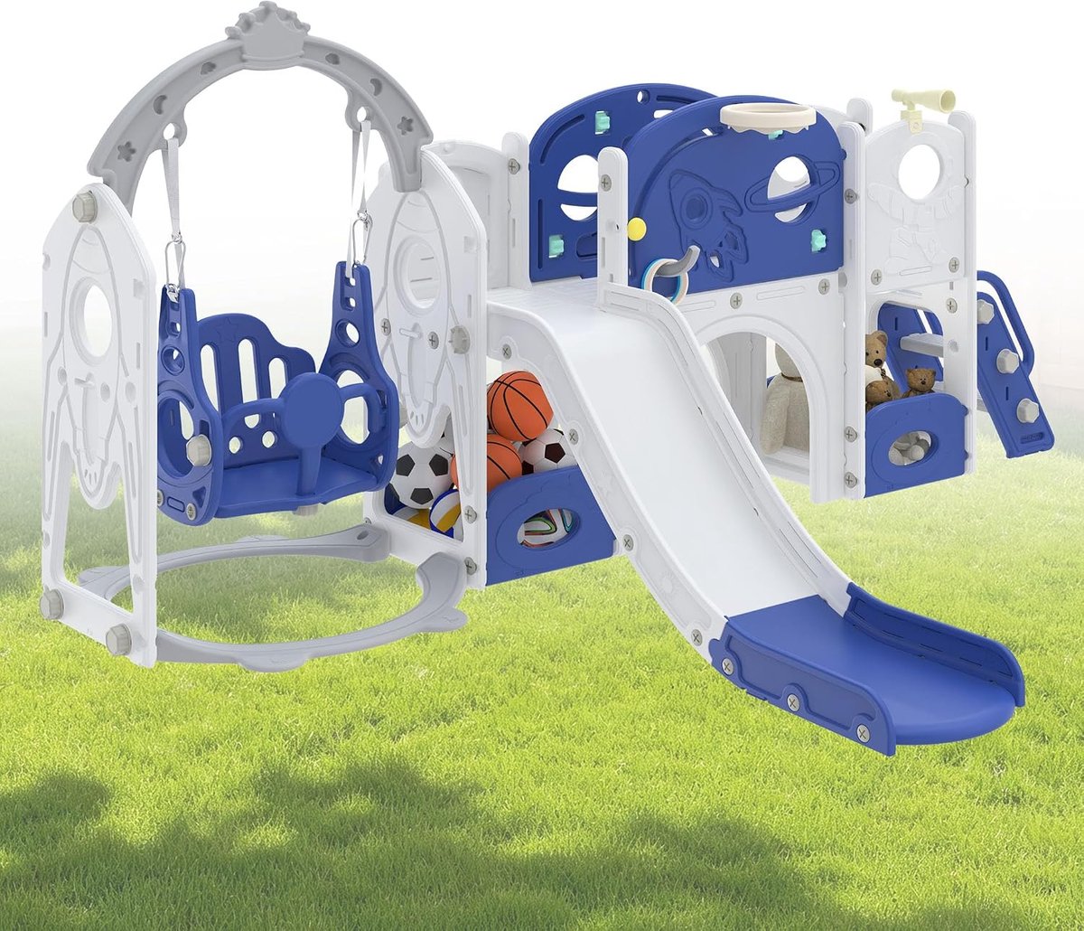 7-in-1 kinderglijbaan voor peuters, multifunctionele speelset met schommel, glijbaan, basketbalmand, tunnel, opbergruimte, klimladder, gereedschapsvrije montage, vrijstaande glijbaan, speelgoed