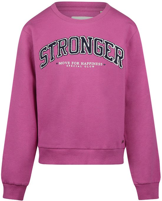 Paarse sweater met ronde hals en de tekst 'STRONGER - MOVE FOR HAPPINESS'.