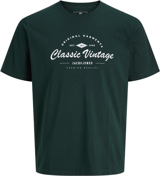 Donkergroen T-shirt met ronde hals en een witte "Classic Vintage" grafische opdruk op de borst.