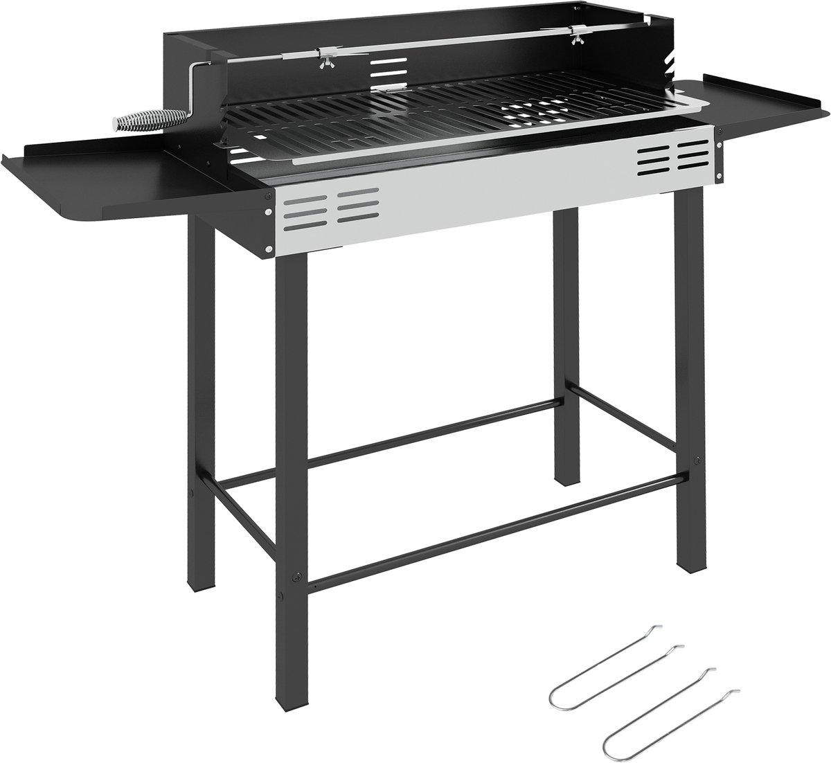 Houtskoolbarbecue-verstelbaar grillrooster-1 draaispit-118 x 32 x 90 cm-zwart + zilver
