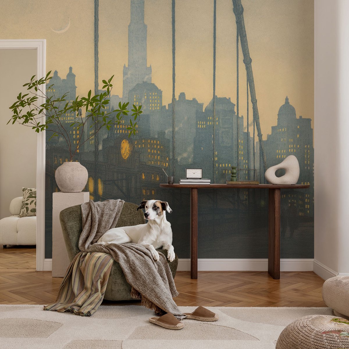 Coloray Vliesbehang - Grijs Snellijm Behang - 104x70 cm - Avondpanorama Muurschildering - Slaapkamer behang Steden - Fotobehang Vlies - Gang behang