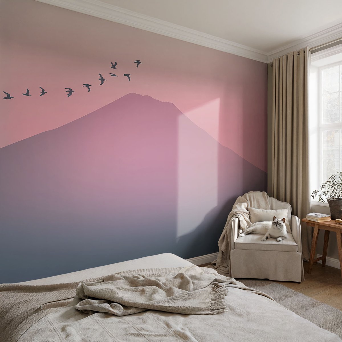 Coloray Vliesbehang - Roze Snellijm Behang - 104x70 cm - Bergwesten Muurschildering - Gang behang Landschappen - Fotobehang Vlies - Slaapkamer behang