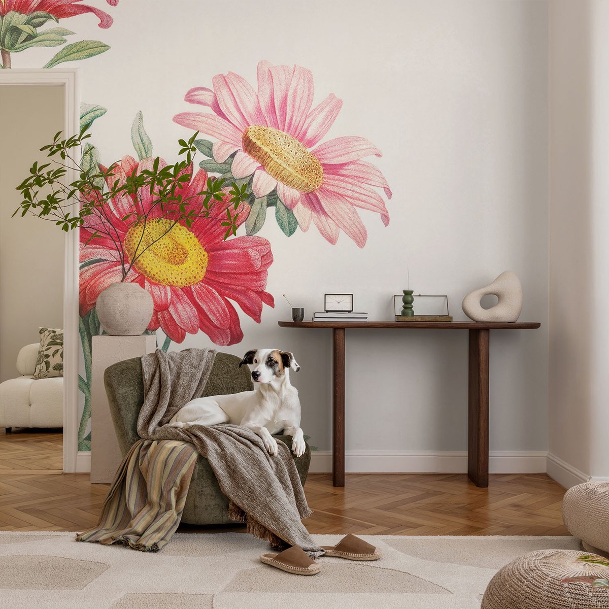 Coloray Vliesbehang - Rood Snellijm Behang - 104x70 cm - Tere Bloemen Fotobehang Vlies - Woonkamer behang Bloemen En Planten - Muurschildering - Woonkamer behang