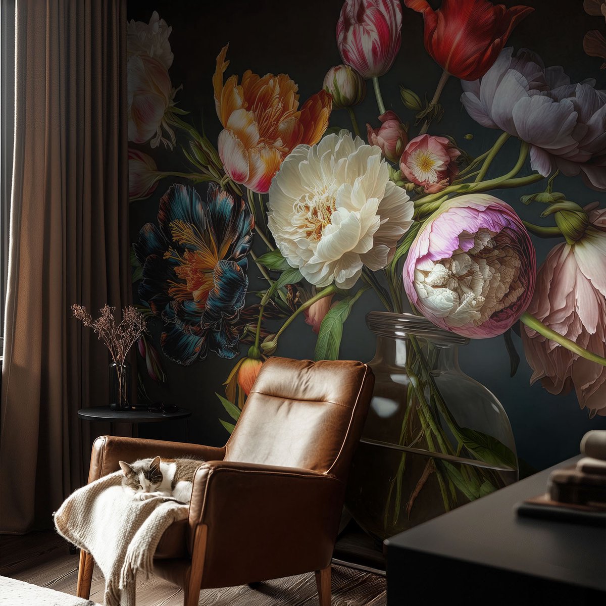 Coloray Vliesbehang - Oranje Snellijm Behang - 104x70 cm - Bloemenboeket Fotobehang Vlies - Hal behang Bloemen En Planten - Muurschildering - Hal behang
