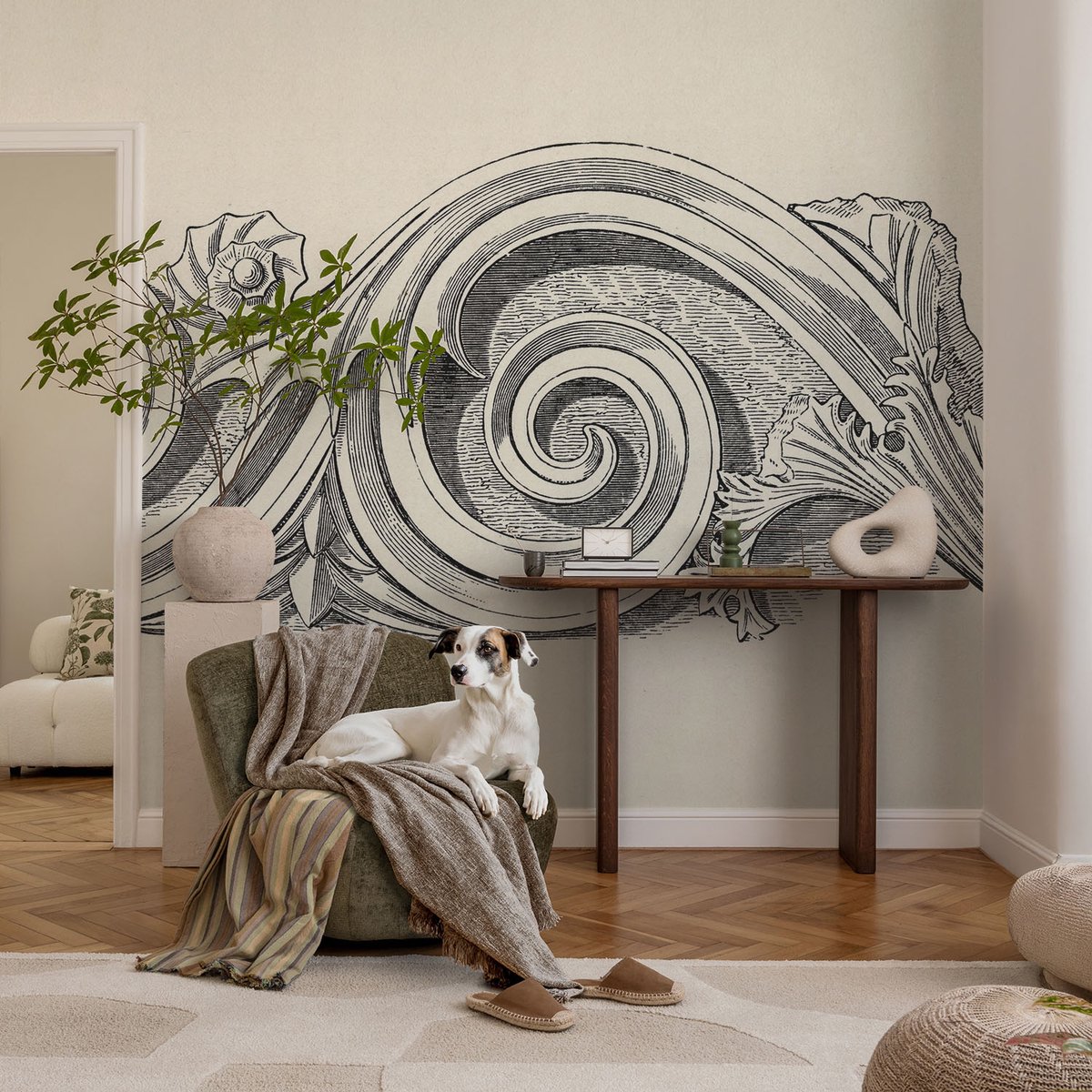 Coloray Vliesbehang - Zwart-Wit Snellijm Behang - 104x70 cm - Plantenornament Muurschildering - Gang behang Deel - Fotobehang Vlies - Slaapkamer behang