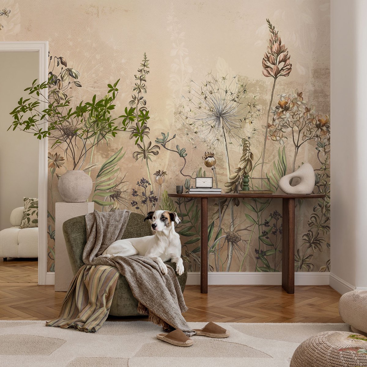 Coloray Vliesbehang - Beige Snellijm Behang - 104x70 cm - Rustieke Bloemen Fotobehang Vlies - Woonkamer behang Bloemen En Planten - Muurschildering - Woonkamer behang