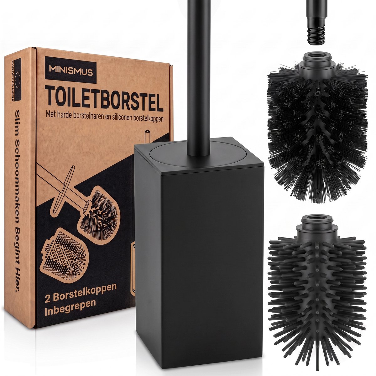 Minismus WC Borstel met Houder Vierkant - Toiletborstel Vrijstaand - 2 Borstelkoppen Kunststof en Siliconen - Zwart