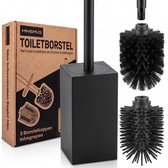 Minismus WC Borstel met Houder Vierkant - Toiletborstel Vrijstaand - 2 Borstelkoppen Kunststof en Siliconen - Zwart