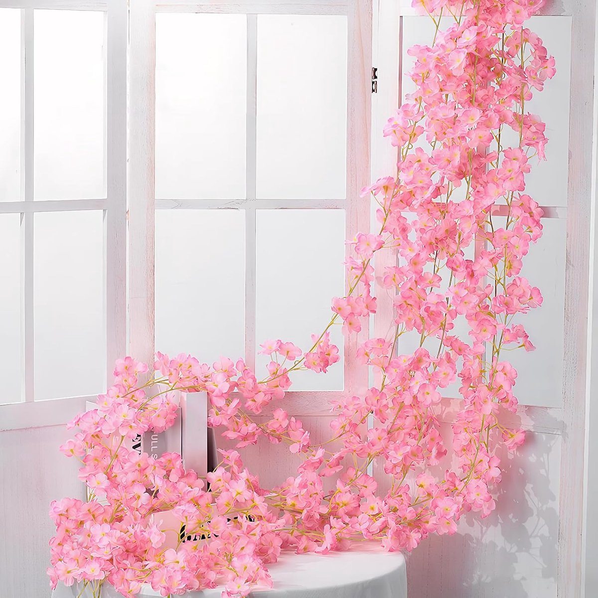 Kunstkersenbloesems, 4 stuks, 180 cm, kunstkersenbloesems om op te hangen, wijnstokken om op te hangen, zijden bloemen, voor decoratie van de bruiloftsmuur buiten, slaapkamer (donkerroze)