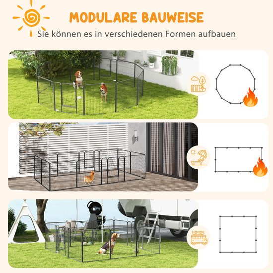 Illustratie van modulaire dierenrennen in verschillende vormen: tuin, terras, buiten, met honden.