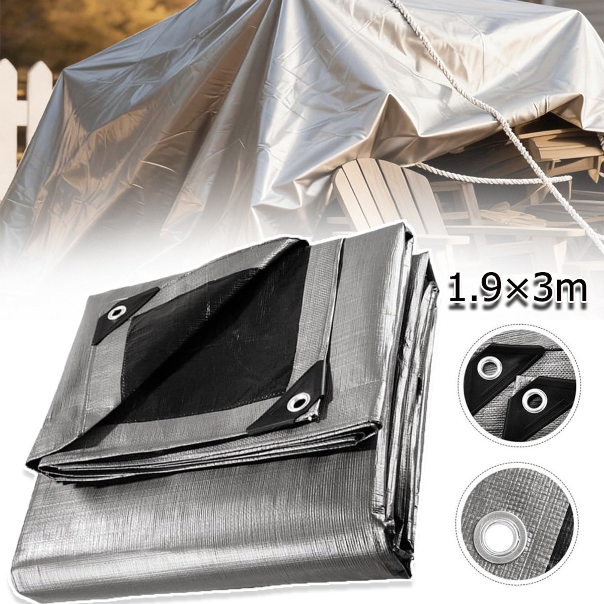 Waterdicht Afdekzeil 1,9x3m - 260 g/m² PE Zeil met Versterkte Hoeken Aluminium Ogen - UV-bestendig Stofdicht Scheurvast - Voor Binnen & Buiten - Zilver