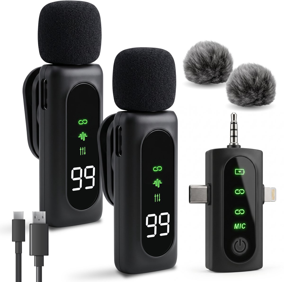 Image of Nuvance Draadloze Microfoon - 2 Stuks - Lavalier Mic - Windshields - Dasspeld - Microfoon Draadloos - USB-C & 8-Pin - Microphone