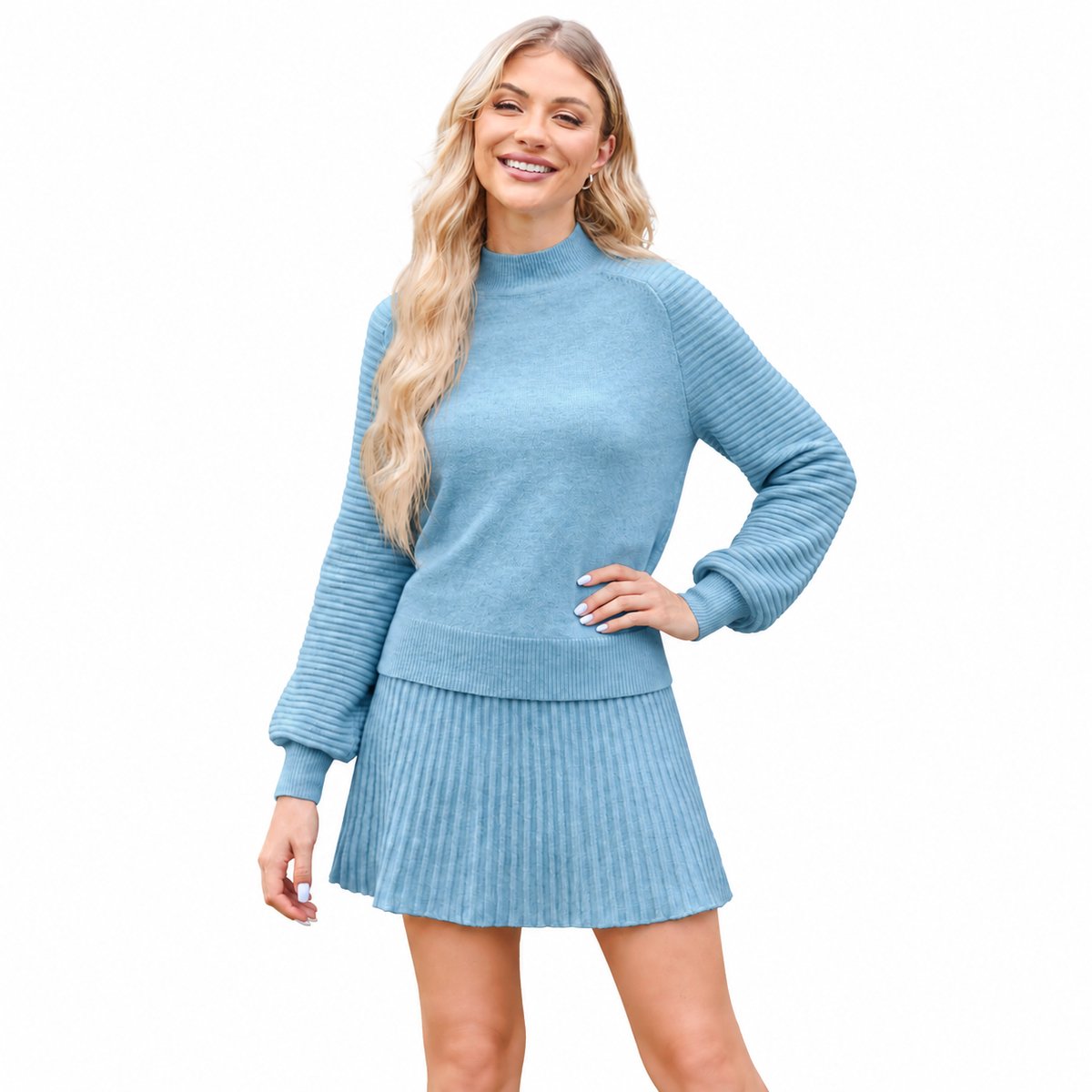 Imily Bela Dames Gebreide Set met Coltrui en Geplooide Minirok