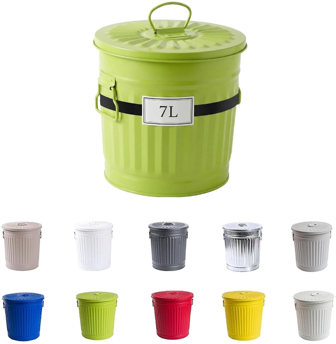 Metalen Vuilnisbak met Handvaten en Deksel | Groen | Diameter Ø 21,5 cm - Hoogte 21,5 cm | Inhoud: 7 liter