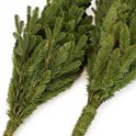 Twee bosjes groene kunstkerstboomtakken met bruine stammen.