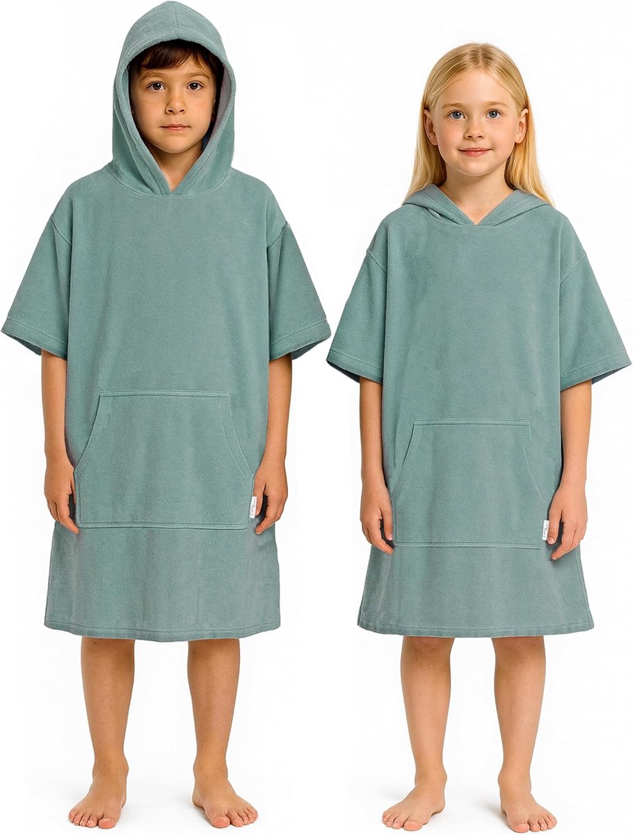 Badponcho voor kinderen, meisjes en jongens, katoenen poncho, handdoek, badhanddoek, badhanddoek, surfponcho, strandponcho, capuchonhanddoek, 6-9 jaar, jade