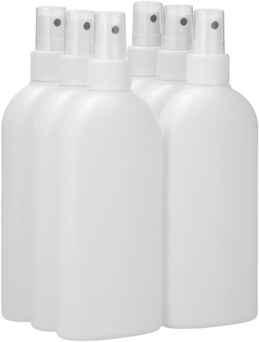 6 x 250 ml Platte fles HDPE wit + Sprayfles pomp wit - BPA Vrij - Niet Breekbaar - Plastic Flesjes Navulbaar - Met Dop - Lege Flessen - 6 stuks.