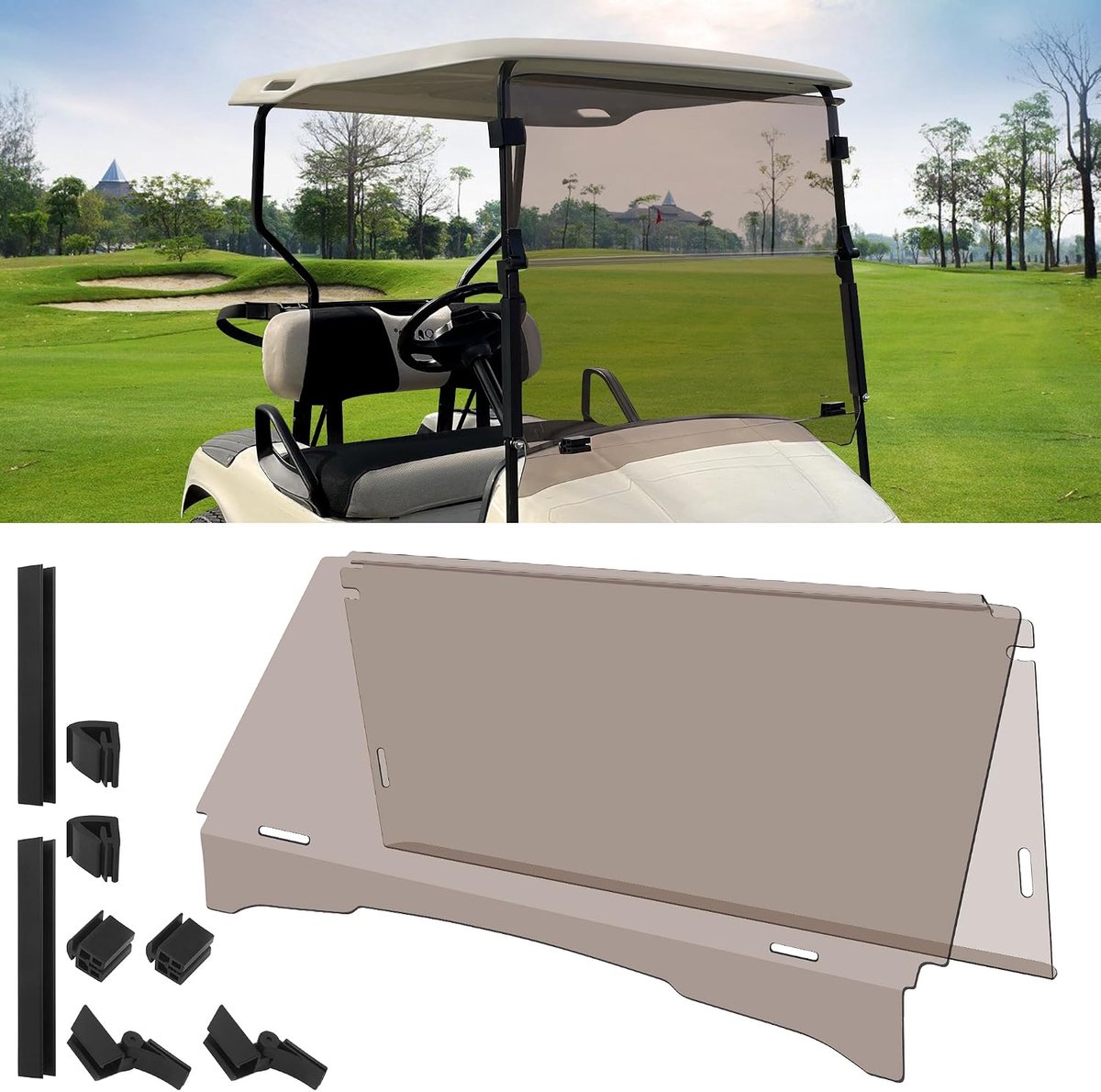 10L0L Golfkar Vouwen Voorruit voor EZGO TXT 1995-2013 Golf Buggies, Impact Resistant Clear Polycarb Split, Getint