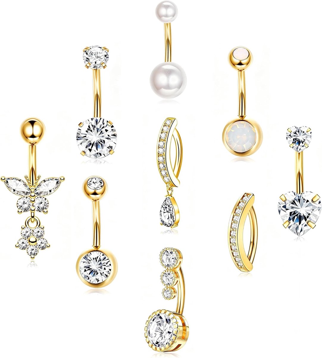 9 stuks navelpiercing goud chirurgisch staal piercing navel 14G zilver navelpiercing zwangerschap CZ buikpiercing navelpiercing navelpiercing