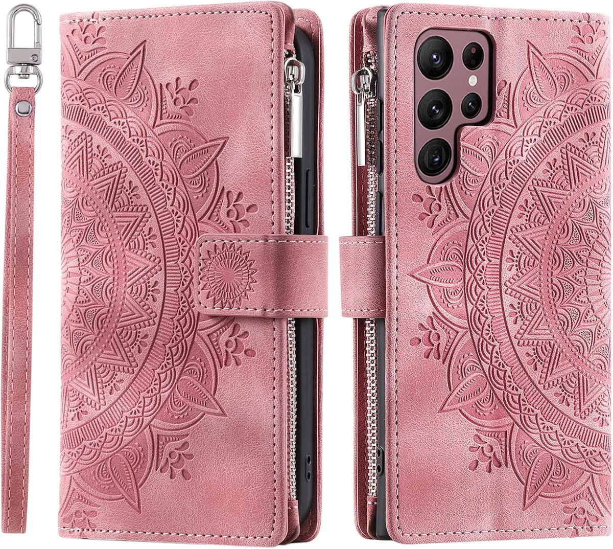 Portemonnee-hoesje voor Samsung Galaxy S25 Ultra, bloemmotief, beschermend leren foliotelefoonhoesje met kaartsleuven en ritsvak, roze
