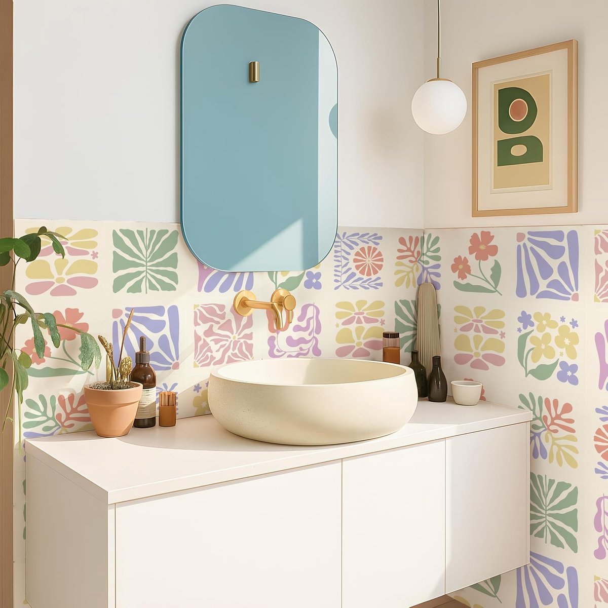 Zelfklevende vinyl waterdichte spatwand, 20 x 20 cm x 25 stuks, beschermfolie verwijderen en opplakken, tegelstickers voor badkamer, keuken, vloer aan de muur, roze / paars / gele bloemen