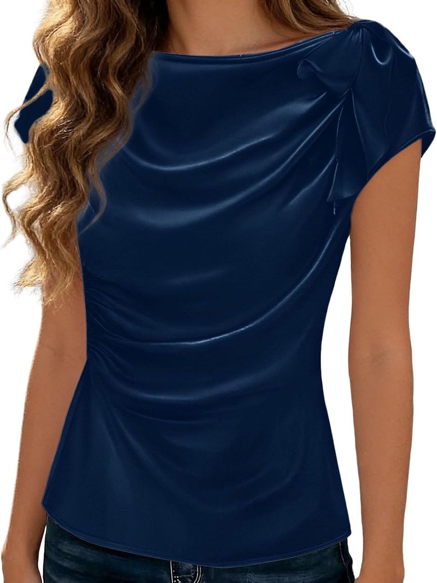 Elegante blouse van satijn, beige, korte mouwen, ruches strik, gedrapeerd aan de voorkant, grote maten, lange zomertuniek grijs