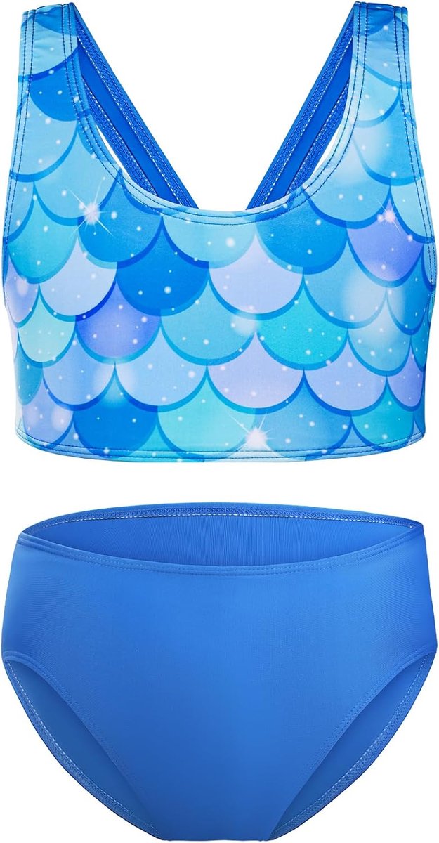 badpak voor meisjes, tweedelig badpak, met bikinibroek, zwempak, sport rugvrije badmode, badkleding kinderen met schubbenpatroon, print voor meisjes 5-8 jaar