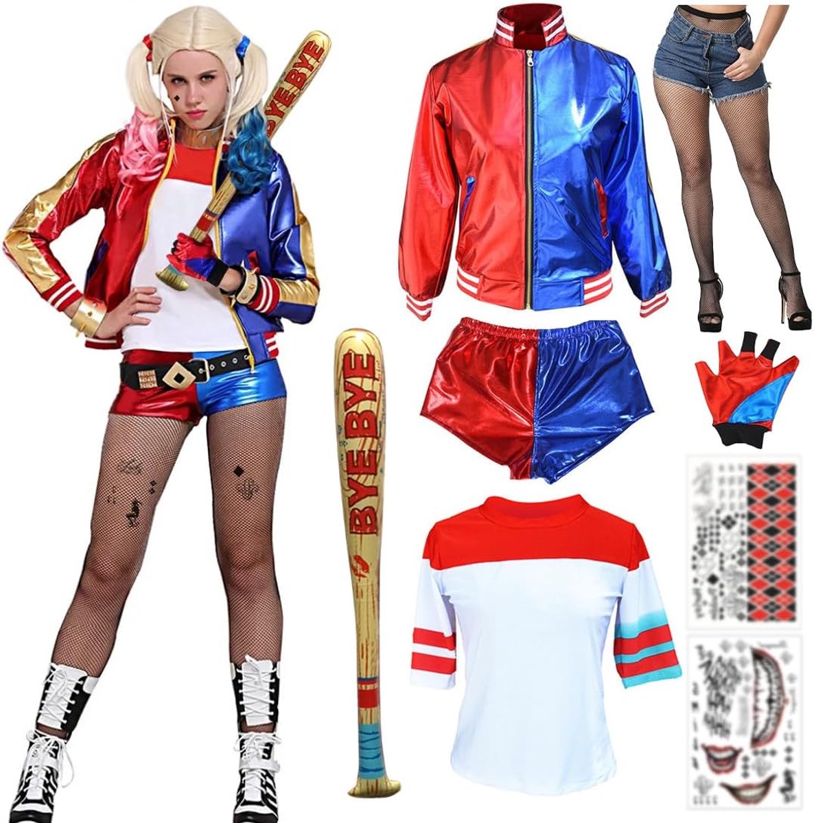 Carnavalskostuums voor dames, cosplay kostuum blauw rood met jas, T-shirt, shorts, handschoen, tatoeages, netkousen, accessoires voor dames, volwassenen, carnaval, Halloween, cosplay party