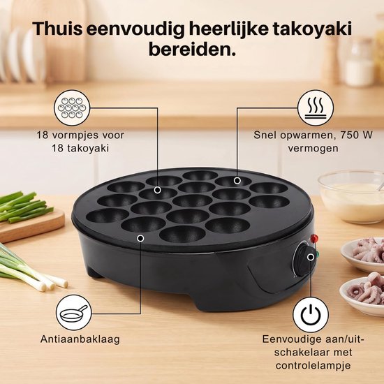 VH Supplies® Poffertjespan Electrisch - Poffertjesmaker - Poffertjespan - Voor 18 Poffertjes - Antiaanbaklaag - Zwart - 23 x 23 x 7 cm — afbeelding 4
