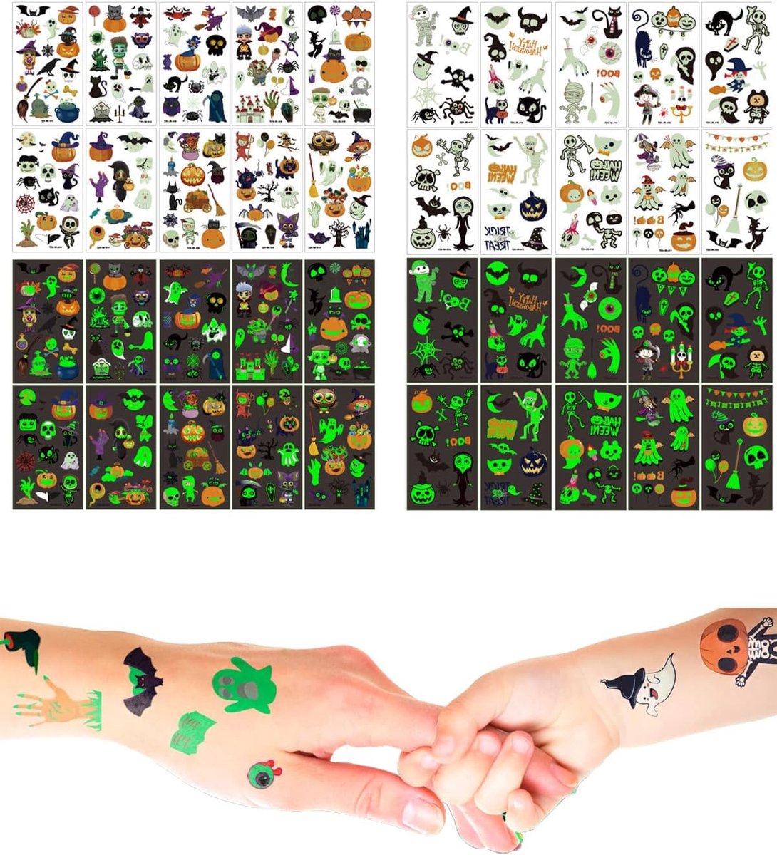 Tatoeages voor kinderen, 20 vellen oplichten op in het donker, tijdelijke kindertatoeages, pompoen, spinnen, vleermuizen, kinderstickers voor meisjes en jongens, Halloween-party