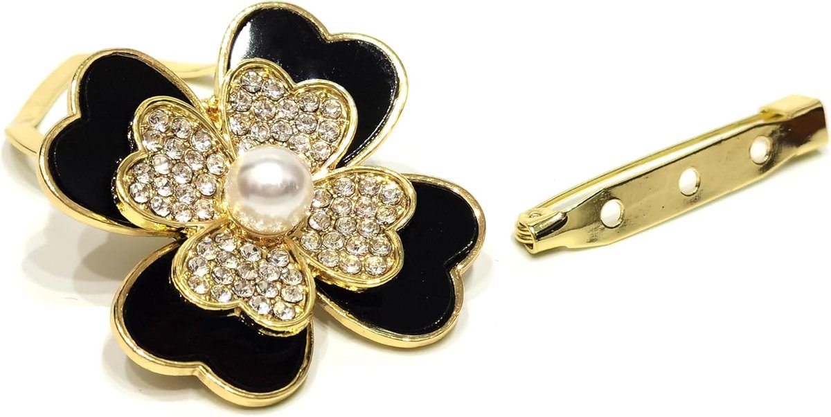 Vier Sjaal Ring met Broche Pins voor Vrouwen - Zwarte Bloemen Sjaal Gesp Broches 2 gebruik Gouden Base Parel Cystals voor Bruiloft