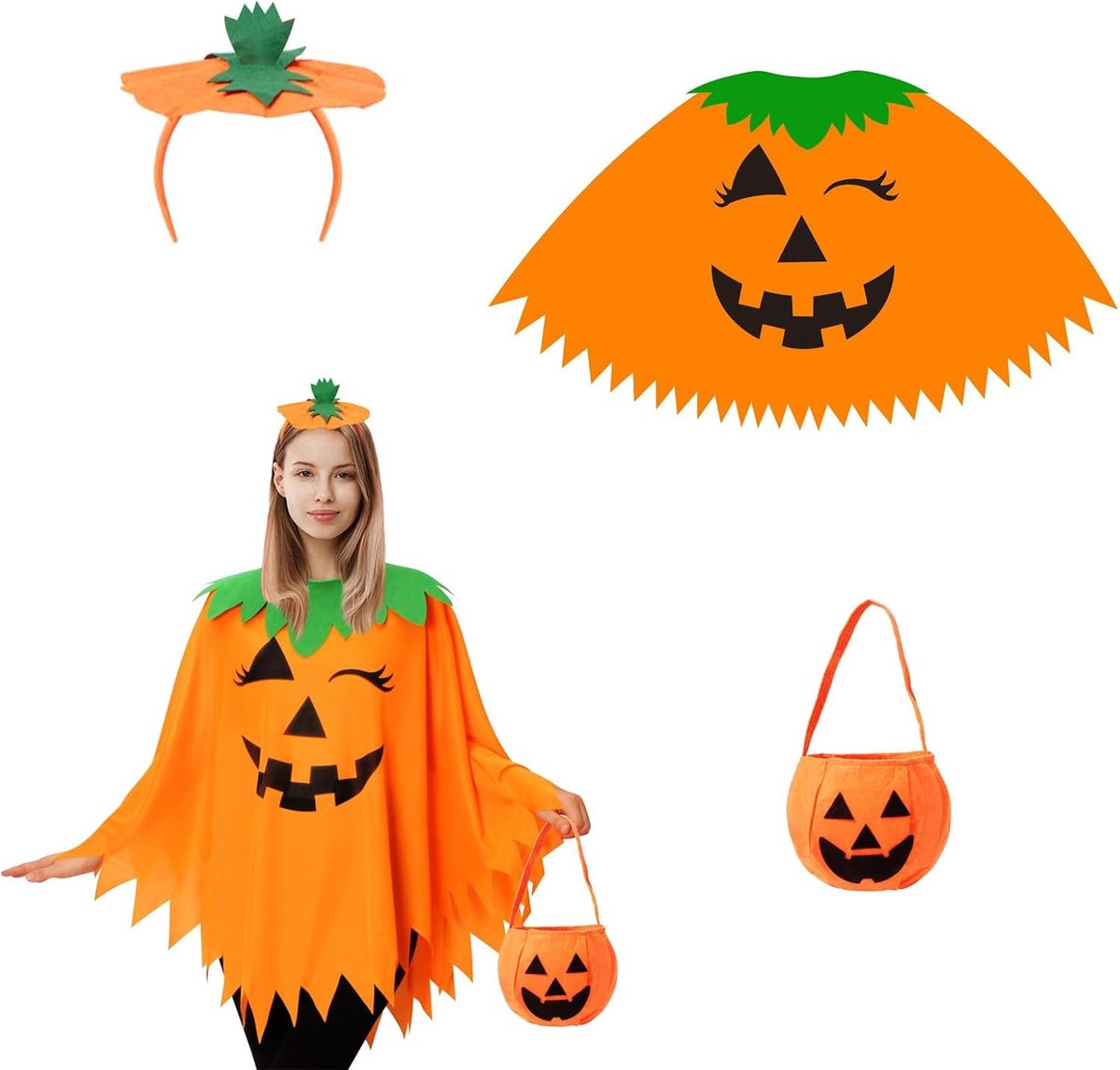 Pompoencape voor volwassenen, met pompoenhoed, tas, Halloween-pompoenkostuum voor dames, met pompoenhoed en pompoenzak, voor carnaval, cosplay, feestjurk