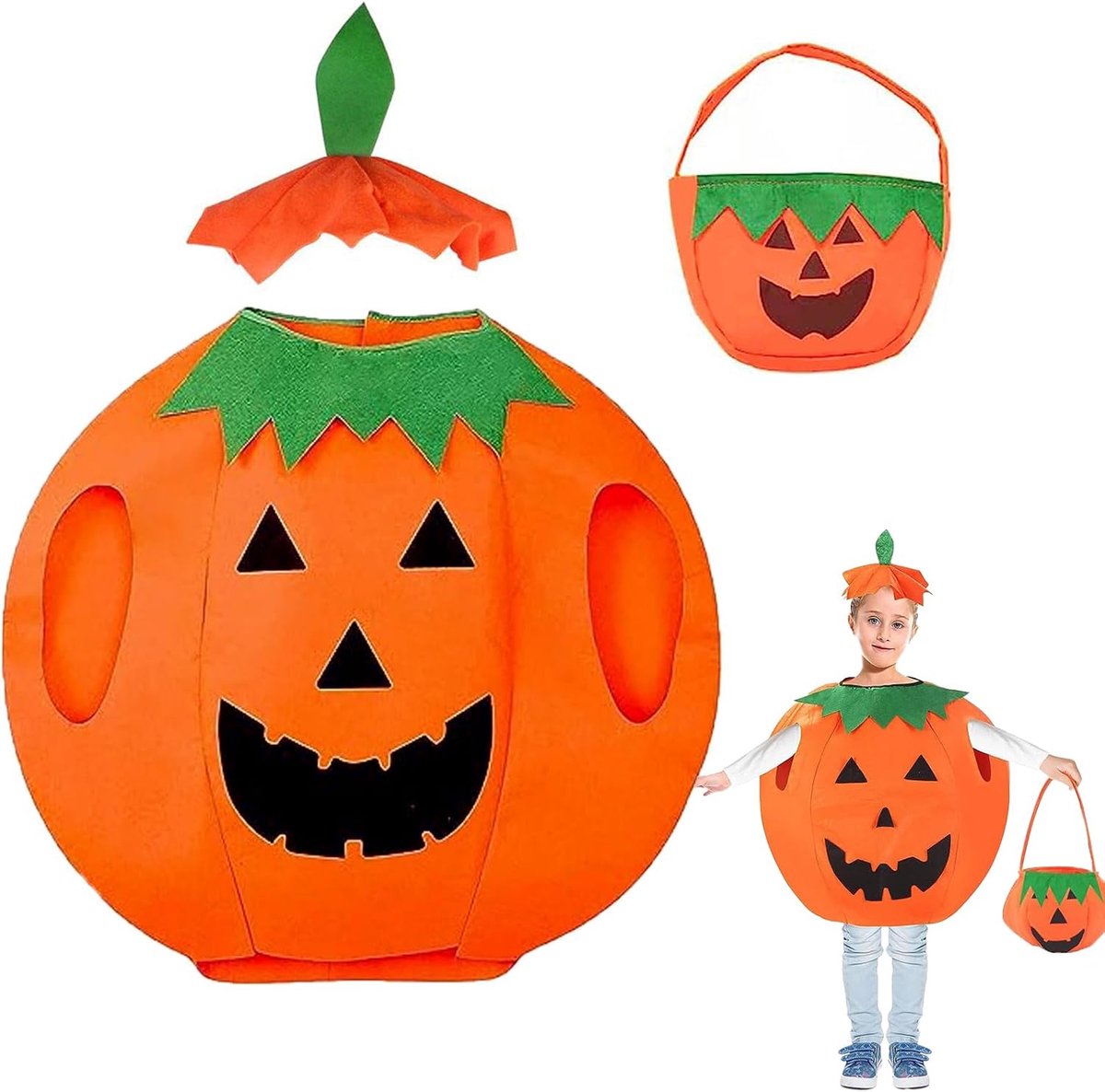 Halloween-kostuum voor Kinderen - Pompoenkostuum Met Hoed en Snoepzakjes voor Cosplay, Feest, Carnaval, Maskerade