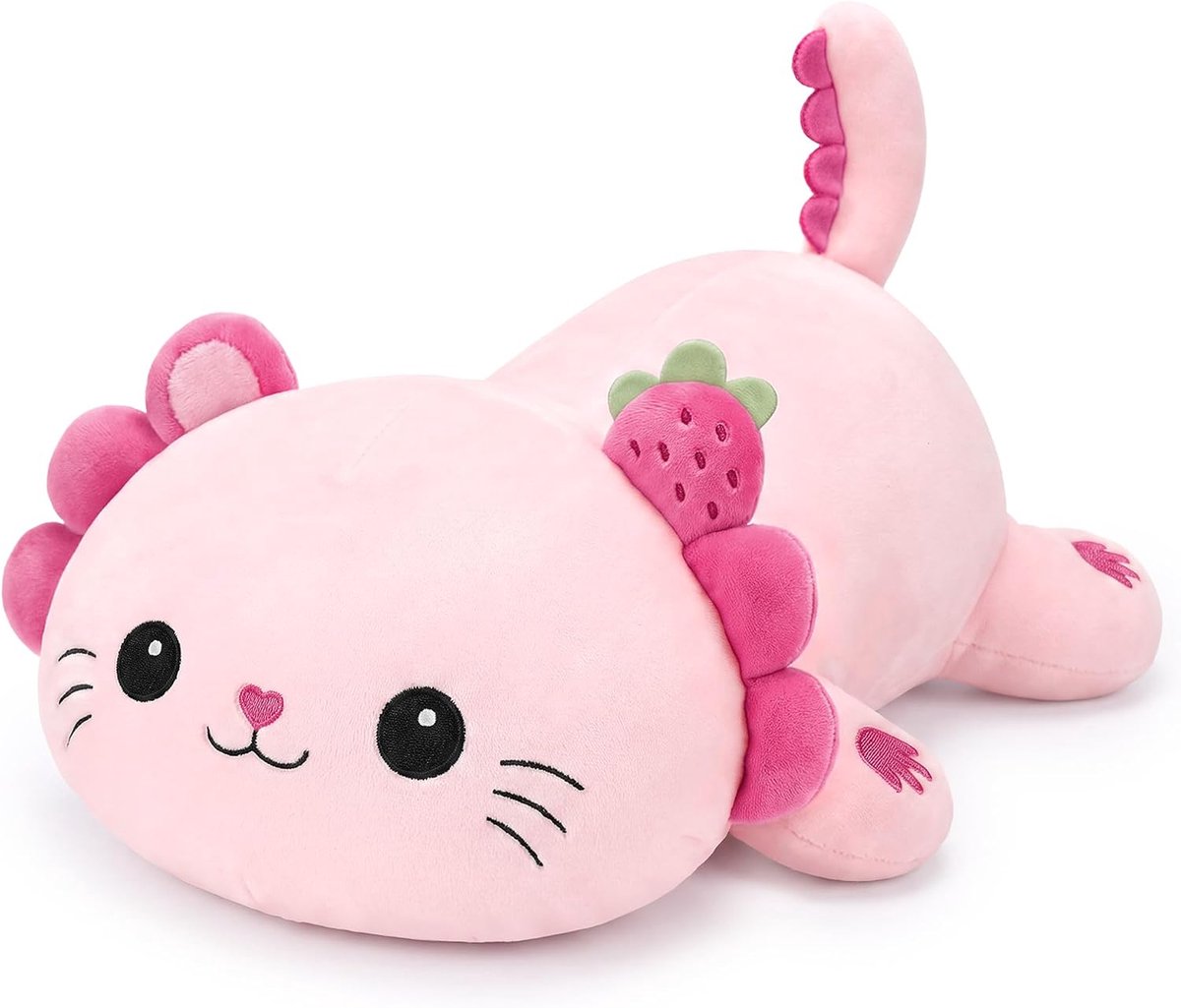 Shownicer Axolotl Pluche dier katten, pluche kussen, schattig knuffeldier, aardbeien, borduurwerk, roze, cadeau voor volwassenen en kinderen (lichtroze aardbeien, 33 cm)