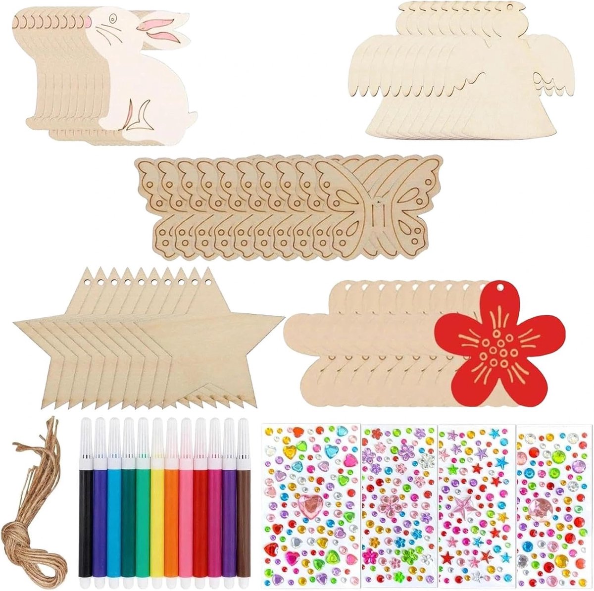 62 stuks pennen voor kinderen, 50 knutselset voor kinderen van hout om te schilderen, handmatige activiteiten met jute koord en set van 12 kleuren, cadeau voor jongens en meisjes, feestcadeaus