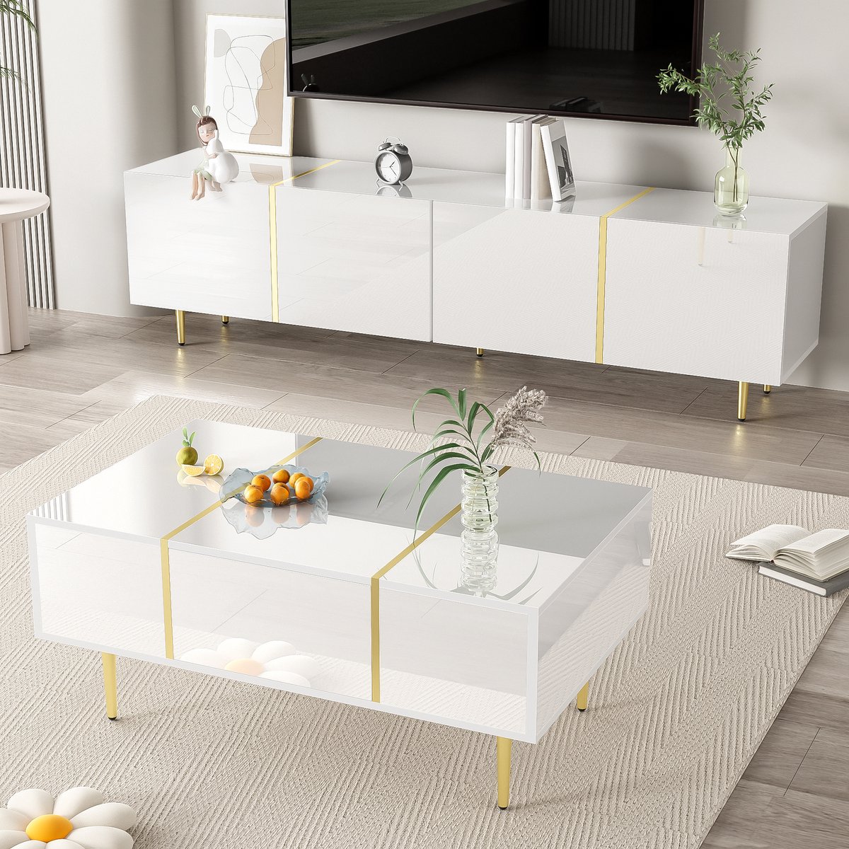 tv meubel en salontafel set Hoogglans Wit-Goud 2-delig - 170 cm tv meubel en 100 cm salontafel - 4 deuren en 2 lades met soft-close - Robotstofzuiger-vriendelijk
