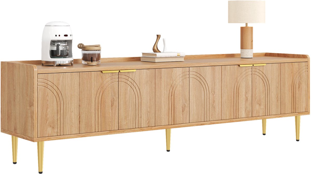 tv meubel Natuur 170 cm - 3D-sculpturale deurpanelen - Gouden metalen grepen en poten - Kabeldoorvoer - 50 kg draagkracht