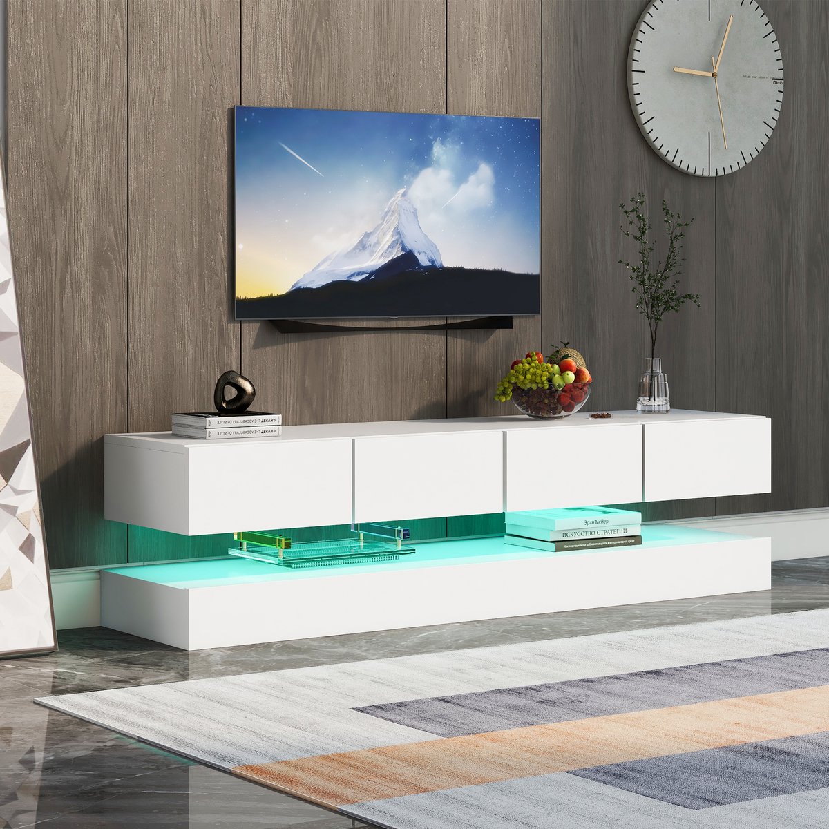 Wand-tv meubel met LED-verlichting - Voor woonkamer en slaapkamer - 130 cm breed - Wit - 4 lades en 2 kasten - App-bestuurbare LED-verlichting via Bluetooth - Geschikt voor 55 inch tv
