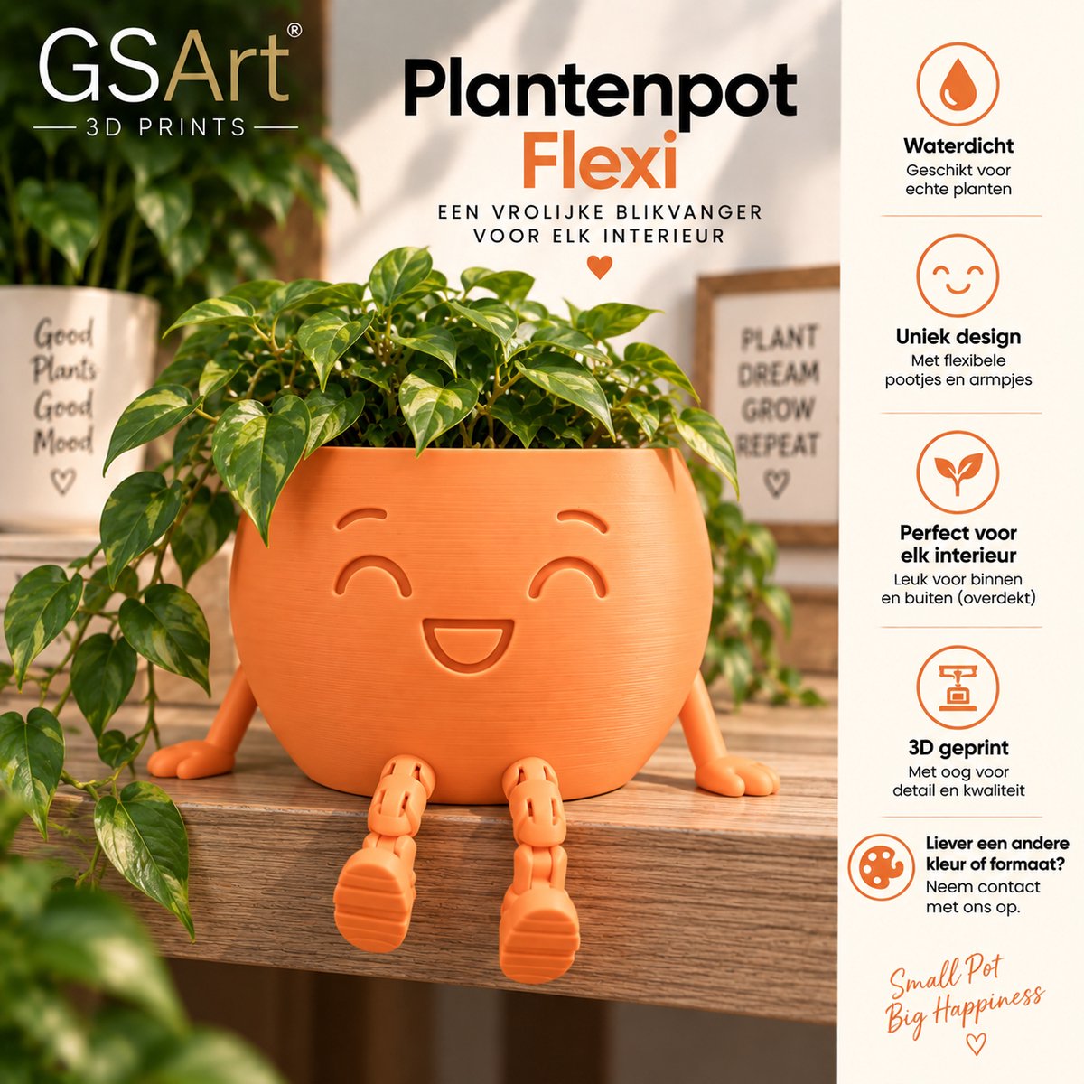 GSArt Plantenpot Flexi – Waterdichte 3D Geprinte Bloempot met Flexibele Benen - Mat Oranje