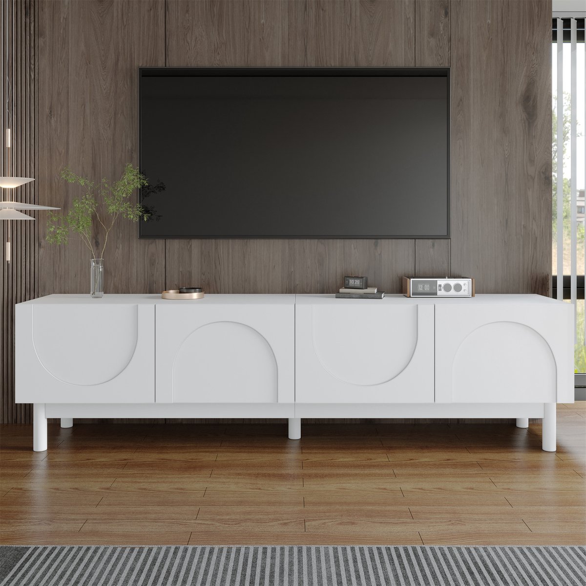 tv meubel met golvende deuren - Voor woonkamer en mediakamer - 169 cm breed - Wit - Unieke greeploos push-to-open fronten - Met legplanken en massief houten poten