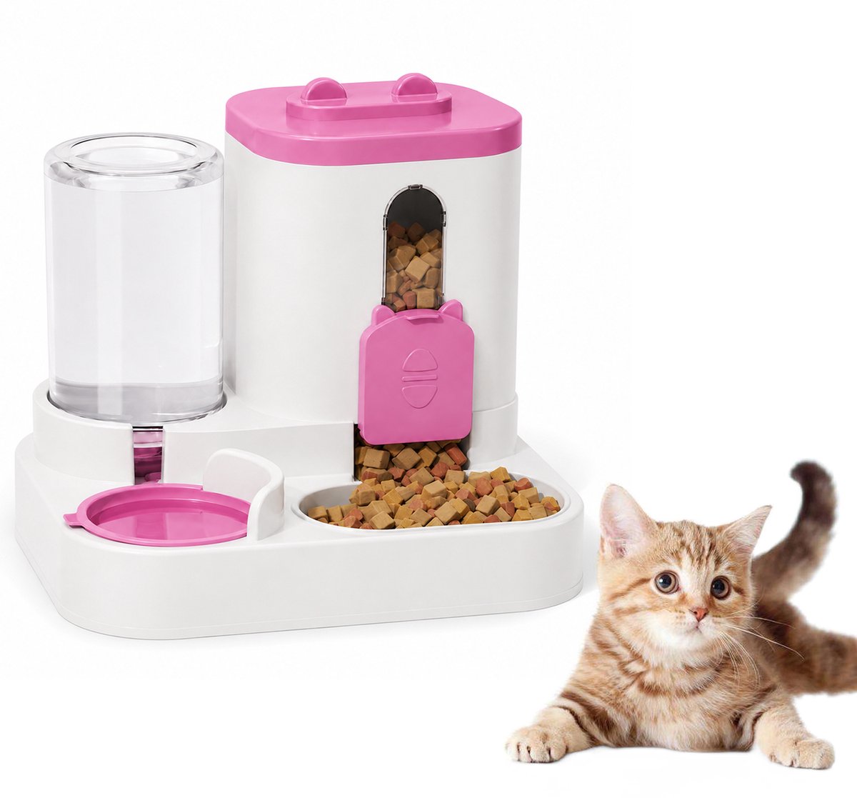 Voerautomaat - Kattenvoerbak - Zwaartekracht Voerbak Kat en Waterdispenser - 2 in 1 Automatische Voeder en Waterbak - Grote Capaciteit Zelfvoedend voor Kleine en Middelgrote Honden, Puppy's en Kittens - Roze
