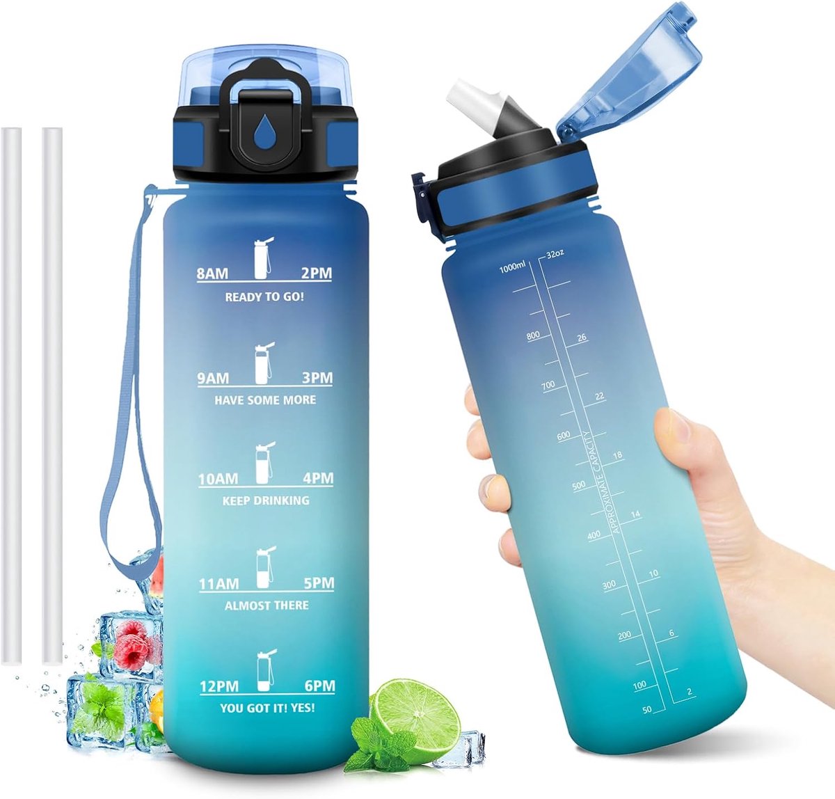 1 l, lekvrije waterfles, herbruikbare fles, drinkflessen met rietje en tijdmarkeringen, BPA-vrij, motiverende waterfles voor camping, school, kantoor, yoga