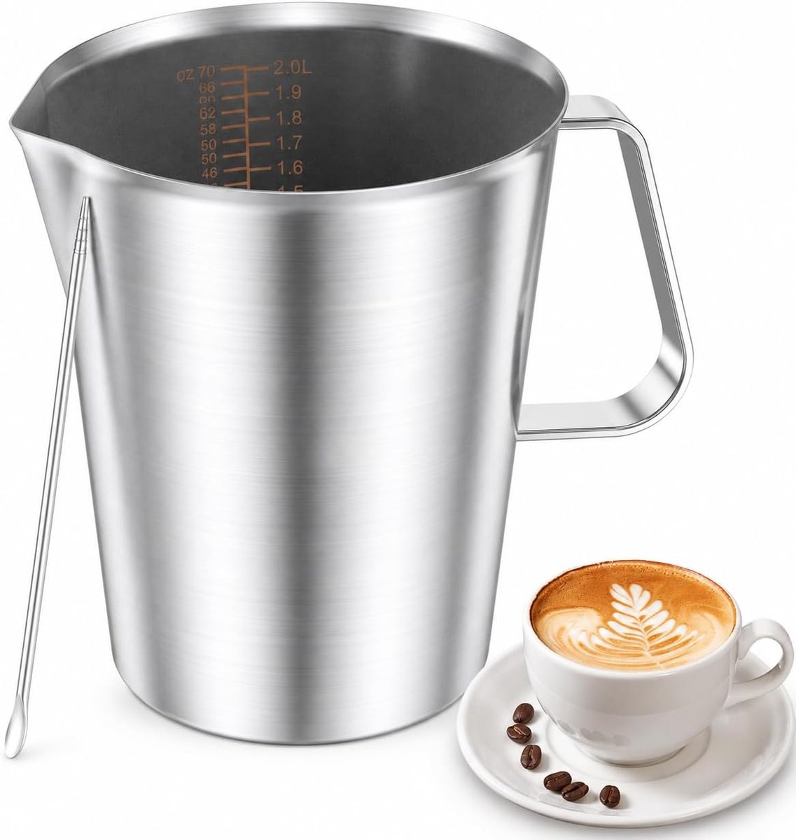 Maatbeker van roestvrij staal, 1000 ml/2000 ml, maatbekers met fijne schaal, tuit en handgrepen, melkkan, metalen mengbeker met latte art, menglepel voor café, keuken, restaurant (2000 ml)