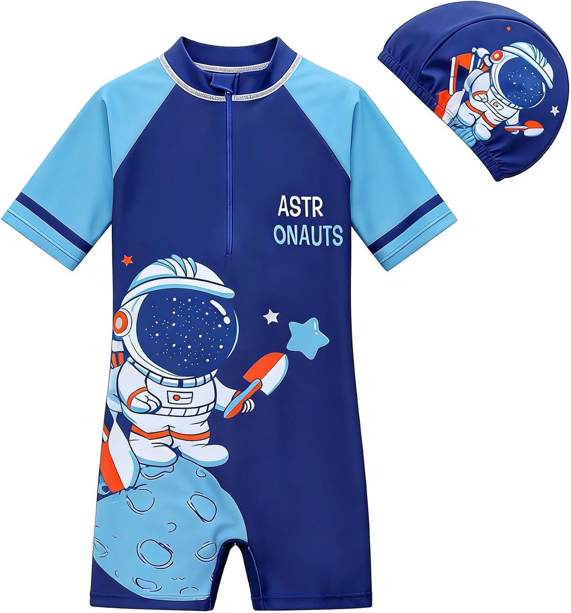 Badpak voor jongens, eendelig badpak met korte mouwen en pet, kinderrasbeschermer met rits, astronautenzwemkostuum voor kinderen van 2-10 jaar