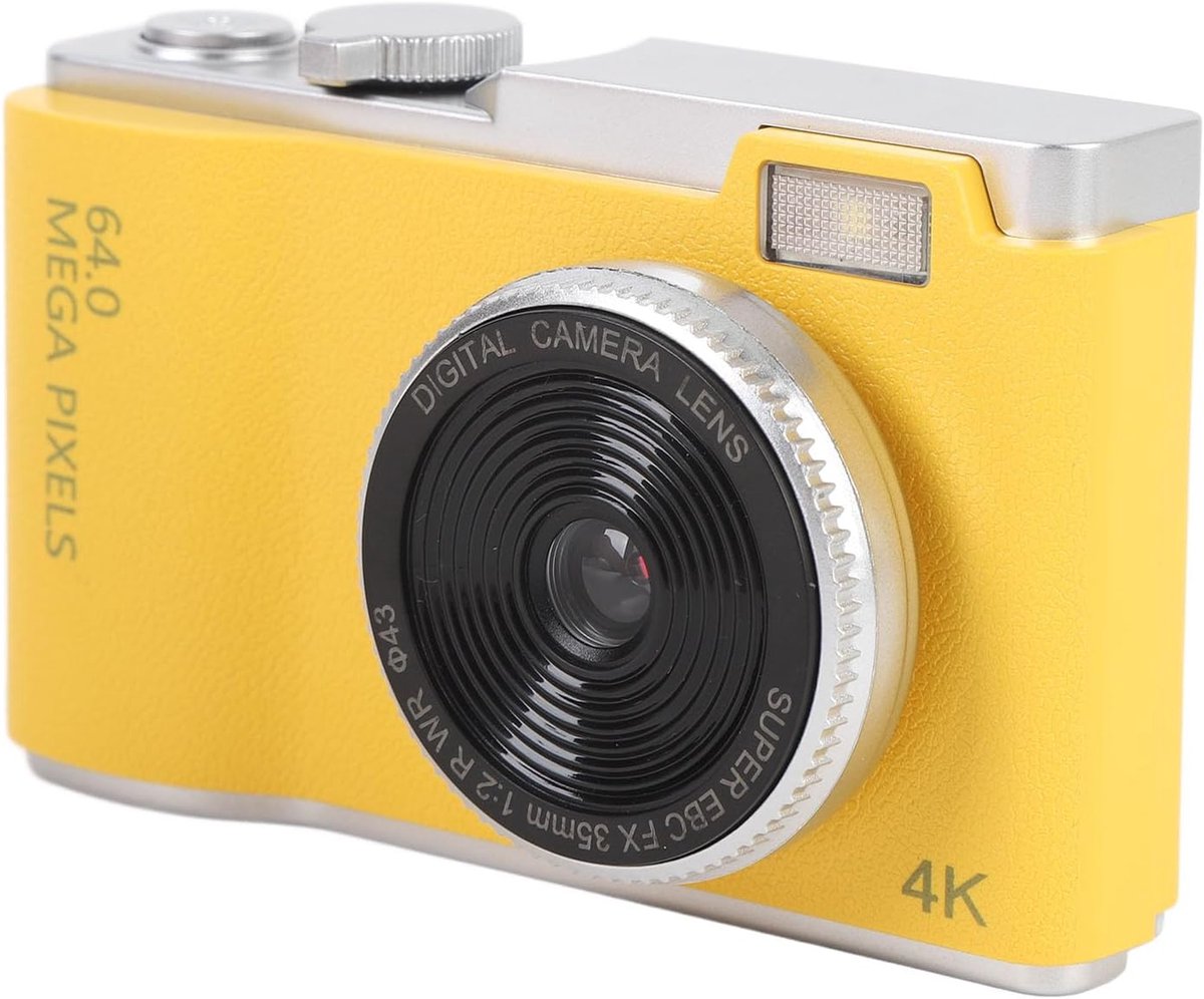 Camera, Vintage Camera voor Kinderen, 4K Vlogcamera voor YouTube, 16x Zoom, Anti-shake, Kindercamera Compact Draagbaar Kleine Geschenken, Geel, 64 GB (64GB)