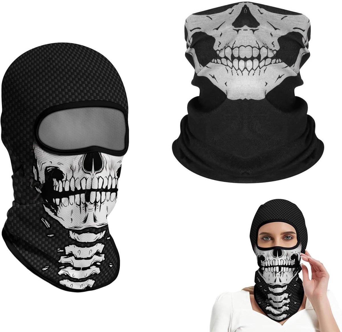 2 stuks schedel balaclava voor fietsen, multifunctioneel gezichtsmasker van ademend polyester ice-silk, sneldrogend, UPF40+ UV-bescherming, stofwerend, elastisch masker voor motor, wandelen,