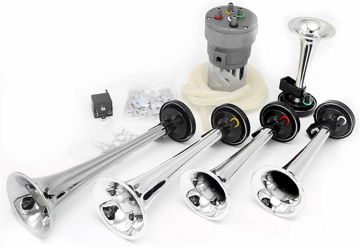 Luchthoorn, 160 db, muziekkoorn, vijfbuis, zilver, elektrisch, waterdicht, met luchtpomp, trompet voor vrachtwagen, auto, 12 V, vrachtwagen, boot, enz