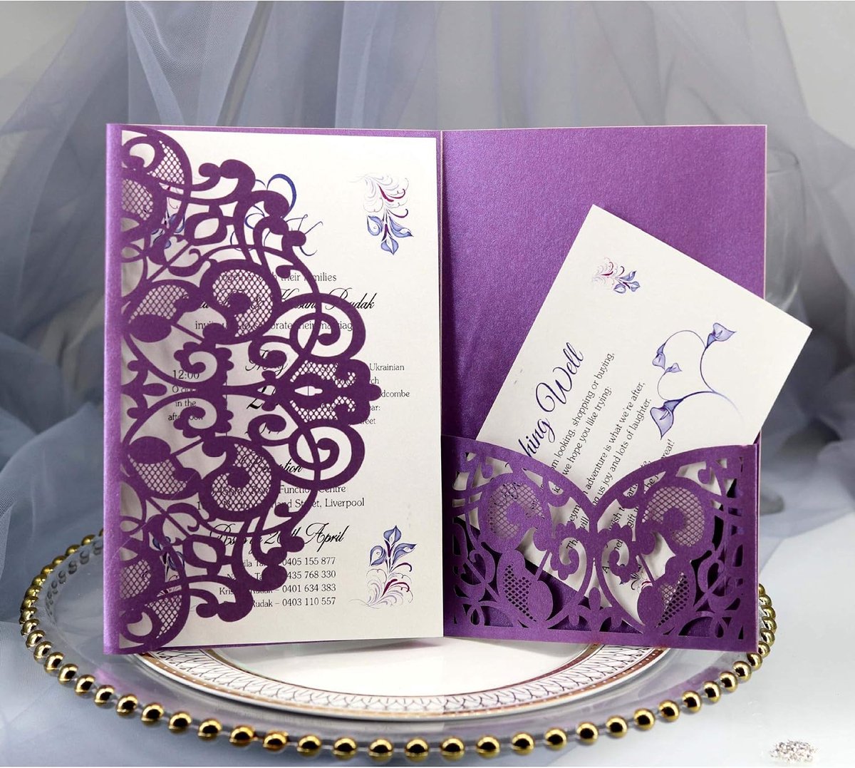 10 stuks uitnodigingskaarten voor bruiloft, Hollow Floral Design, met 2 lege kaarten, donkerpaars